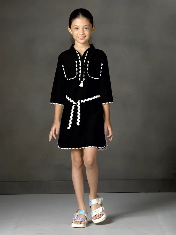 Black cotton silk mini dress with designer belt