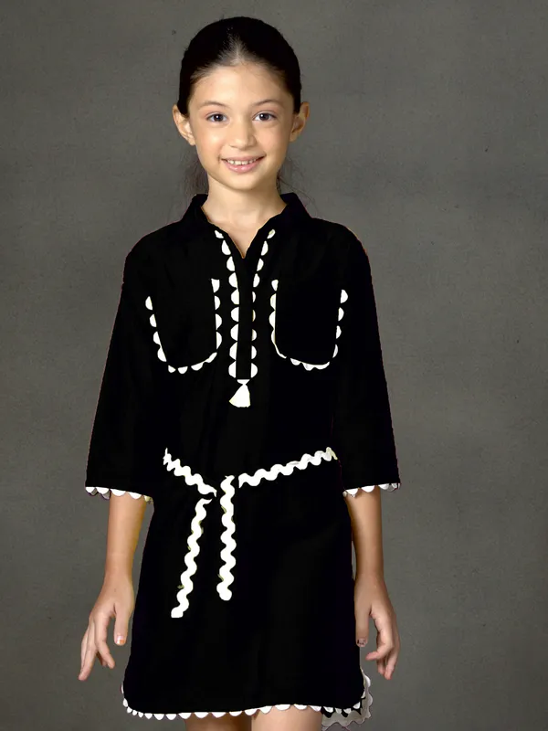 Black cotton silk mini dress with designer belt