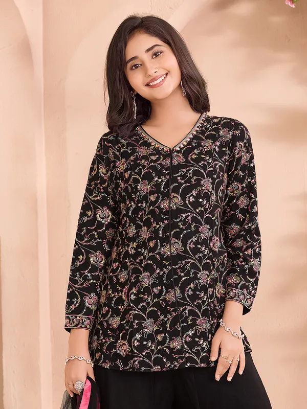 Black cotton silk mirror work palazzo salwar suit