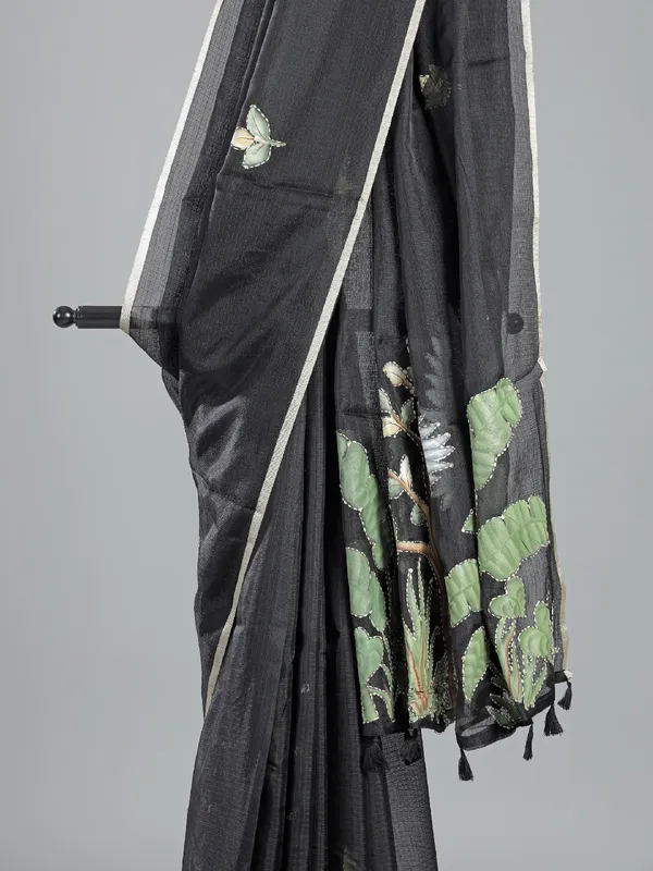Black cotton silk printed saree for festive flair
