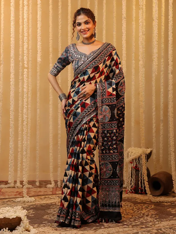 Black cotton silk printed saree for festive wear