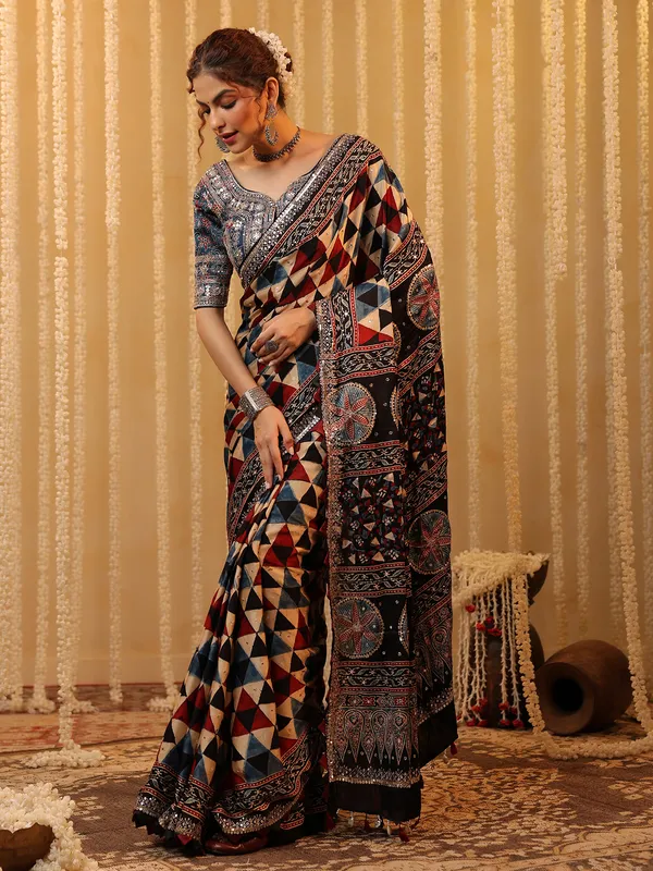 Black cotton silk printed saree for festive wear