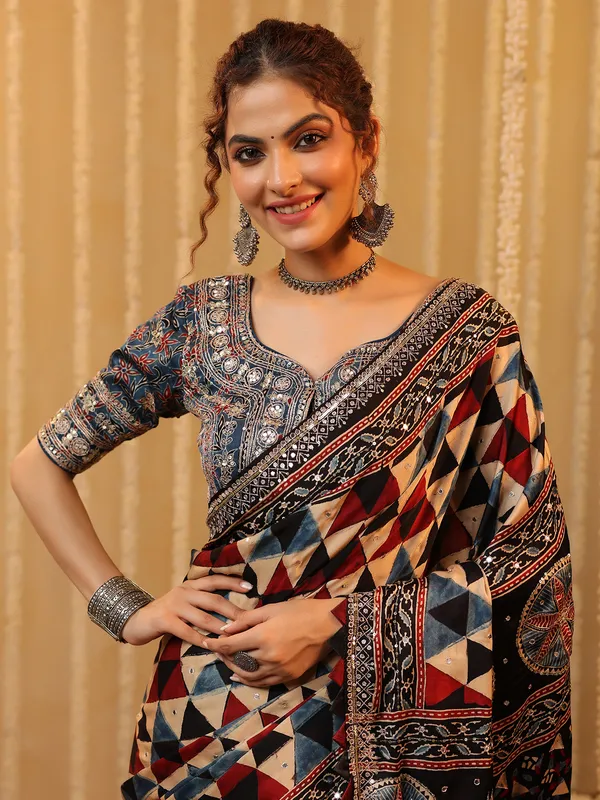 Black cotton silk printed saree for festive wear