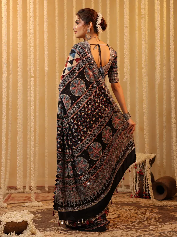 Black cotton silk printed saree for festive wear