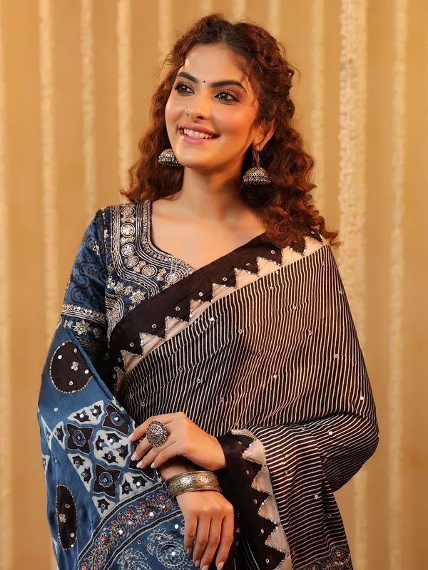 Black cotton silk printed saree with mirror work