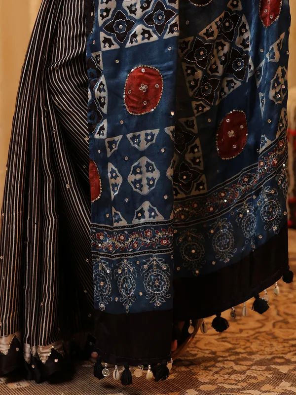 Black cotton silk printed saree with mirror work