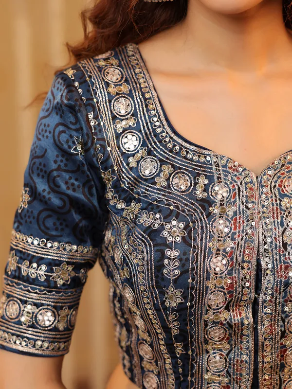 Black cotton silk printed saree with mirror work