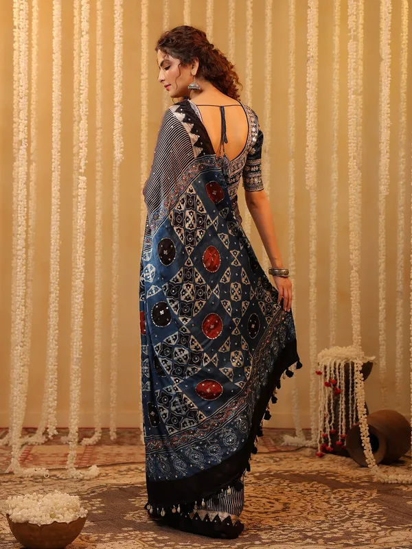 Black cotton silk printed saree with mirror work