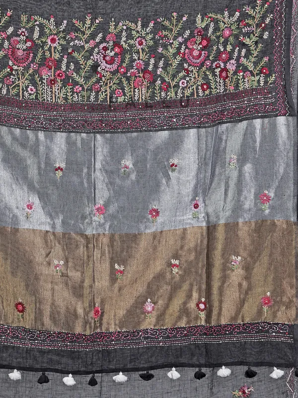 Black cotton silk saree with zari and sequins