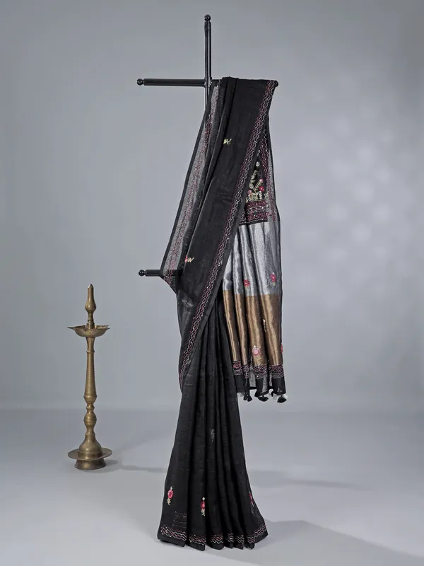 Black cotton silk saree with zari and sequins