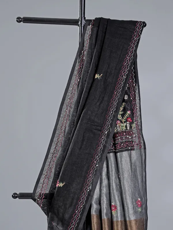 Black cotton silk saree with zari and sequins
