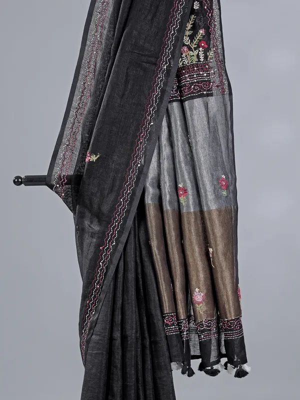 Black cotton silk saree with zari and sequins