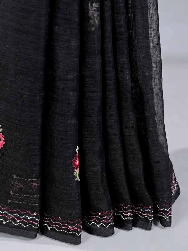 Black cotton silk saree with zari and sequins