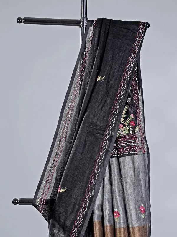 Black cotton silk saree with zari and sequins