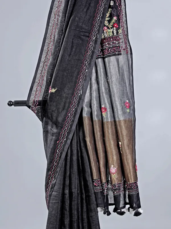 Black cotton silk saree with zari and sequins