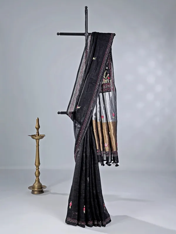 Black cotton silk saree with zari and sequins