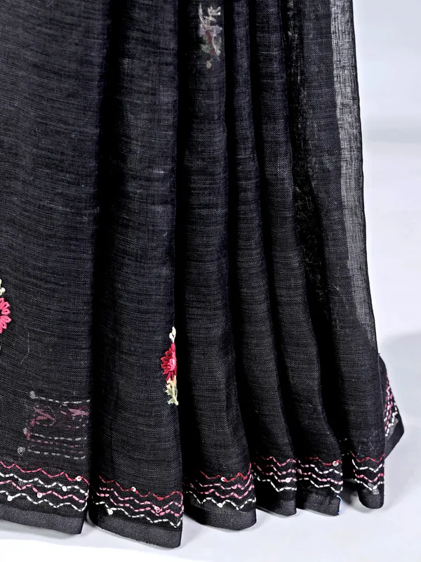Black cotton silk saree with zari and sequins
