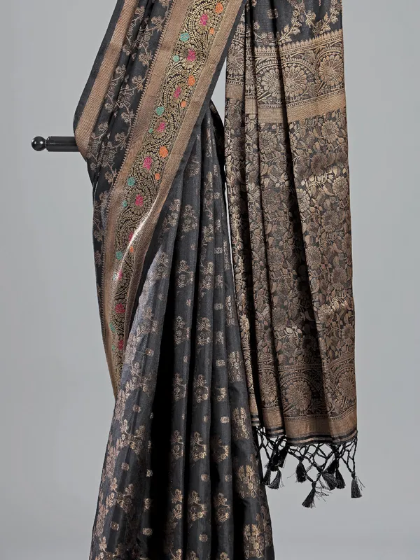 Black cotton silk saree with zari weaving elegance