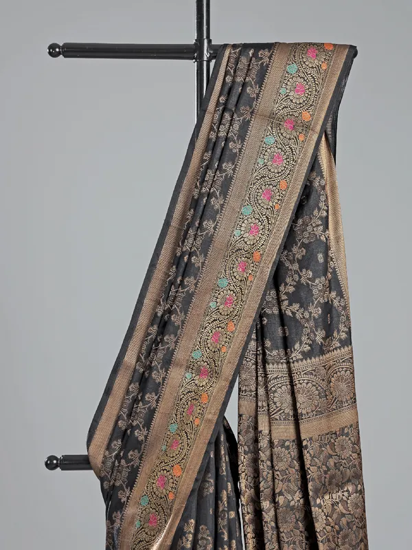 Black cotton silk saree with zari weaving elegance