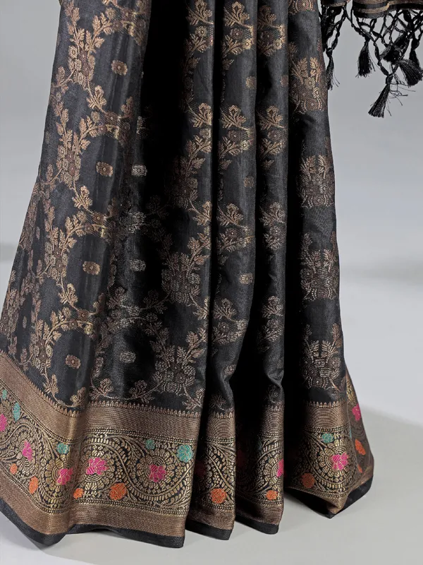 Black cotton silk saree with zari weaving elegance