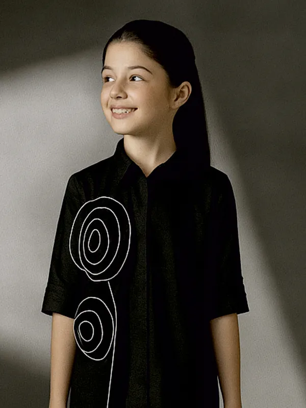 Black cotton silk spiral applique dress