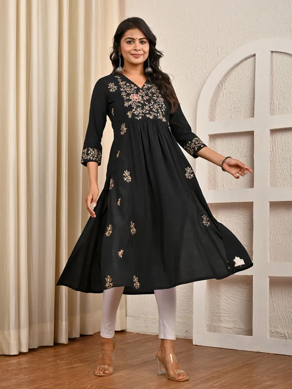 Black cotton silk thread and sequins yoke kurti