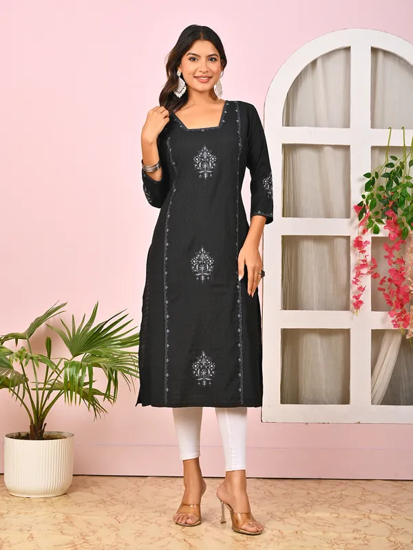 Black cotton silk thread work kurti