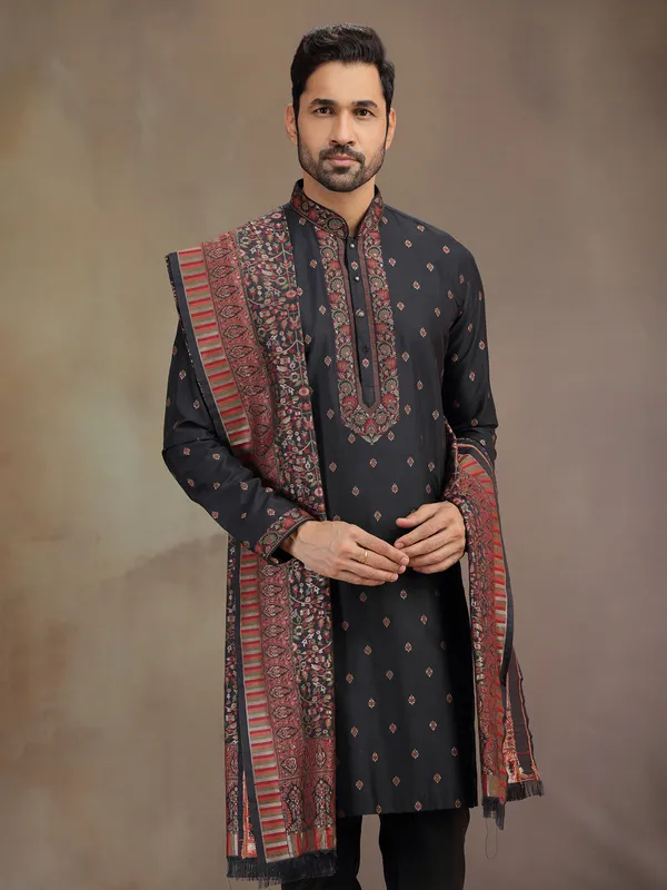 Black cotton silk thread worked kurta pajama