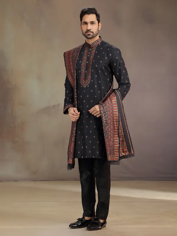 Black cotton silk thread worked kurta pajama