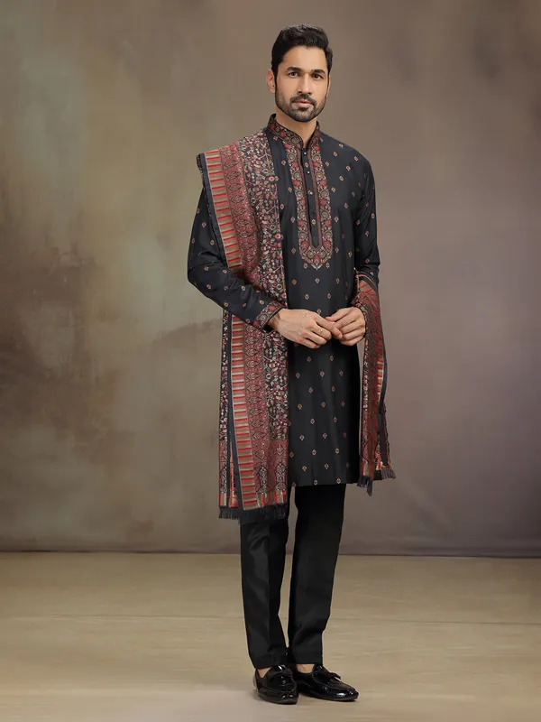 Black cotton silk thread worked kurta pajama
