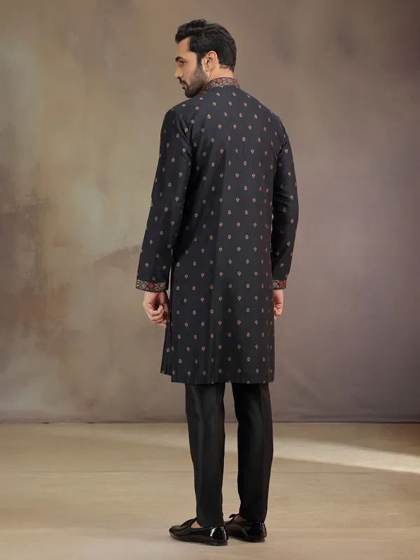 Black cotton silk thread worked kurta pajama