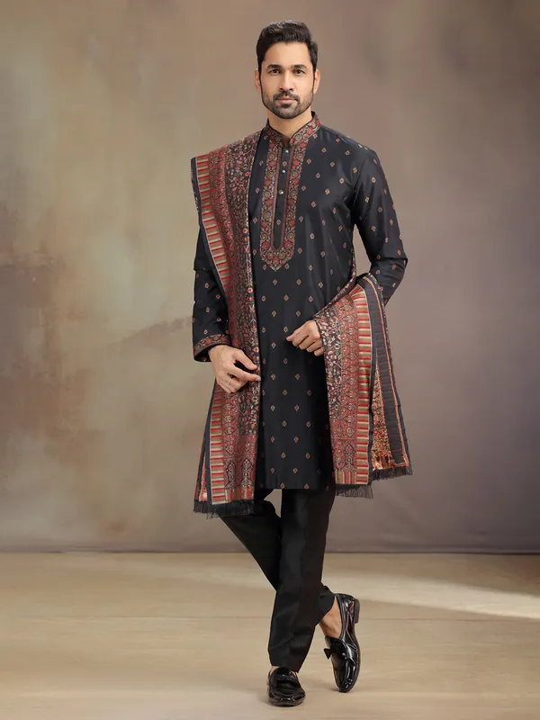 Black cotton silk thread worked kurta pajama