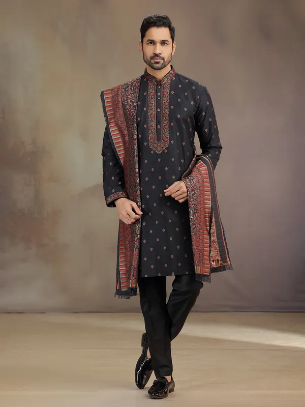 Black cotton silk thread worked kurta pajama