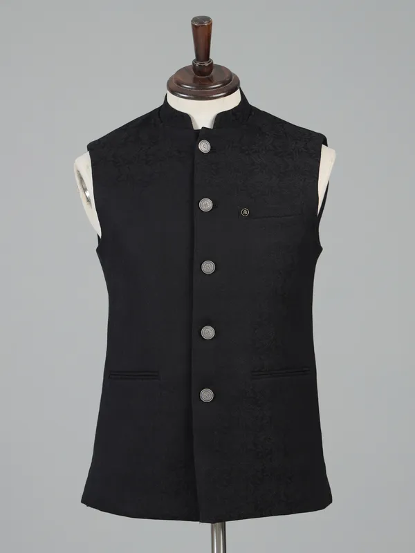 Black cotton silk waistcoat for men