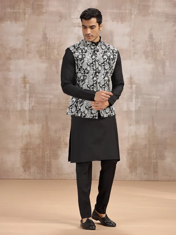 Black cotton silk waistcoat set with resham work for men