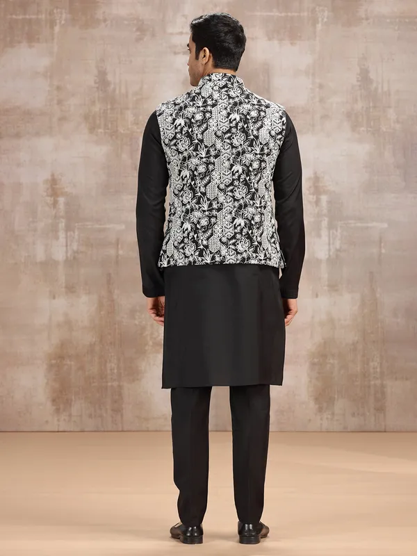 Black cotton silk waistcoat set with resham work for men