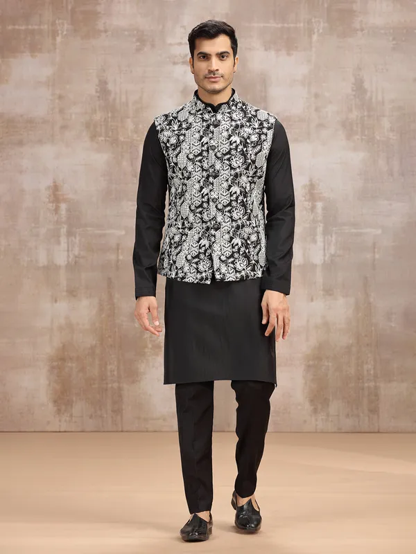 Black cotton silk waistcoat set with resham work for men