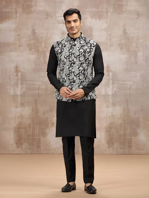 Black cotton silk waistcoat set with resham work for men