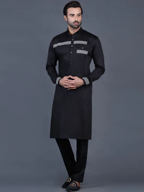 Black cotton solid mens pathani suit for festive