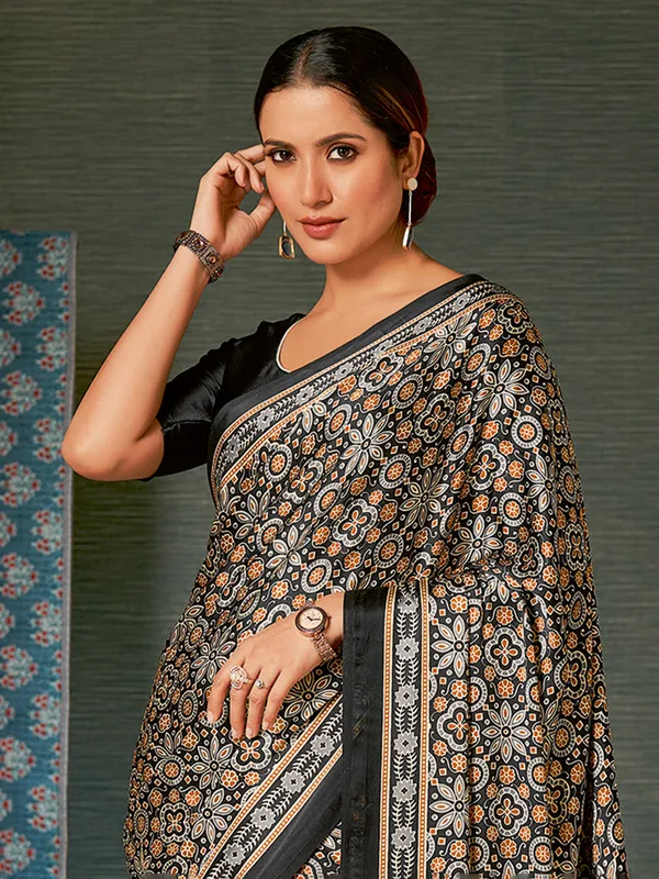 Black crepe ajrakh printed saree