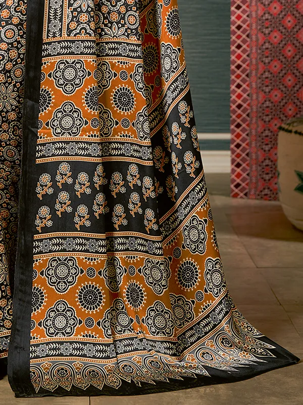 Black crepe ajrakh printed saree