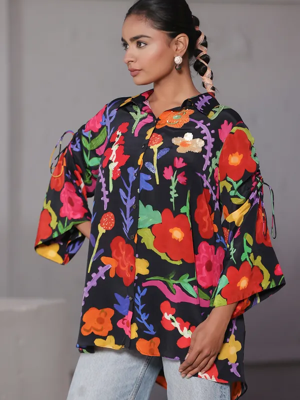 Black crepe printed top with sequins work