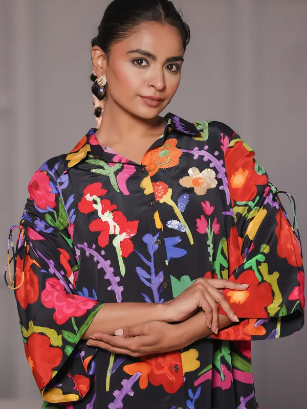Black crepe printed top with sequins work
