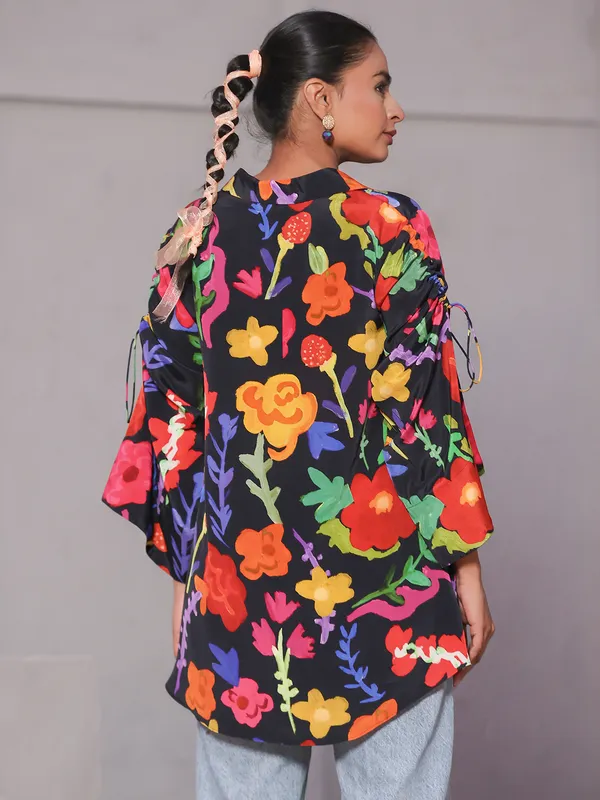 Black crepe printed top with sequins work