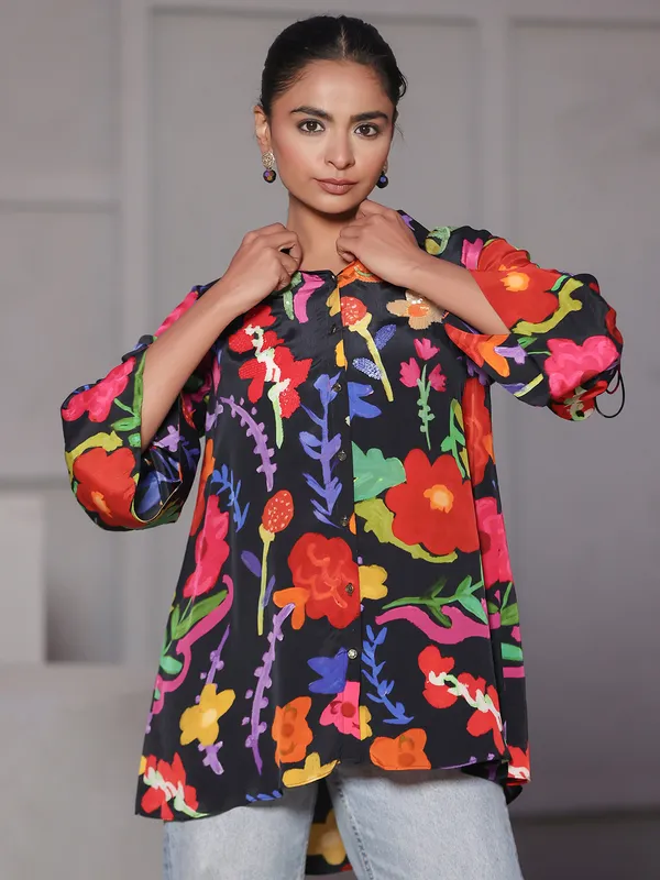 Black crepe printed top with sequins work