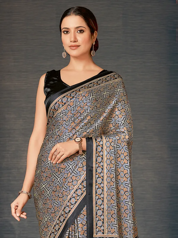 Black crepe saree with ajrakh print