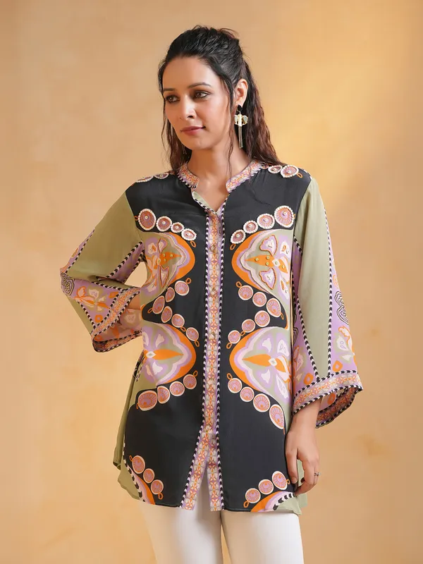 Black crepe silk casual wear shirt with print