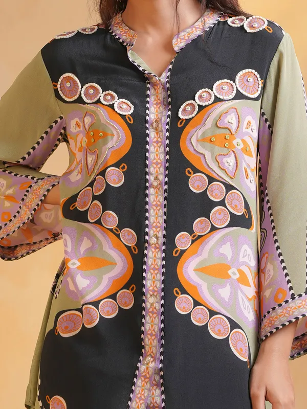 Black crepe silk casual wear shirt with print