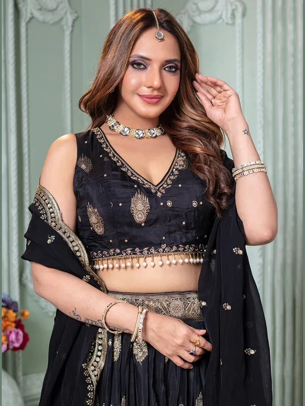 Black crepe silk lehenga choli for weddings