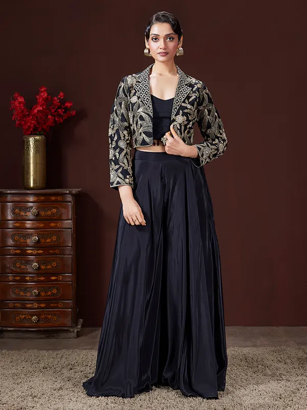 Black crepe silk palazzo suit with jacket